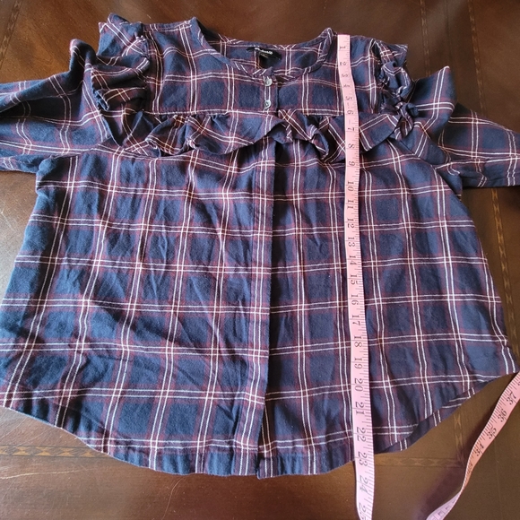 Madewell | Maroon/Navy Plaid Ruffle-Yoke Button Down W/ Easy Roll Sleeves - Picture 7 of 11